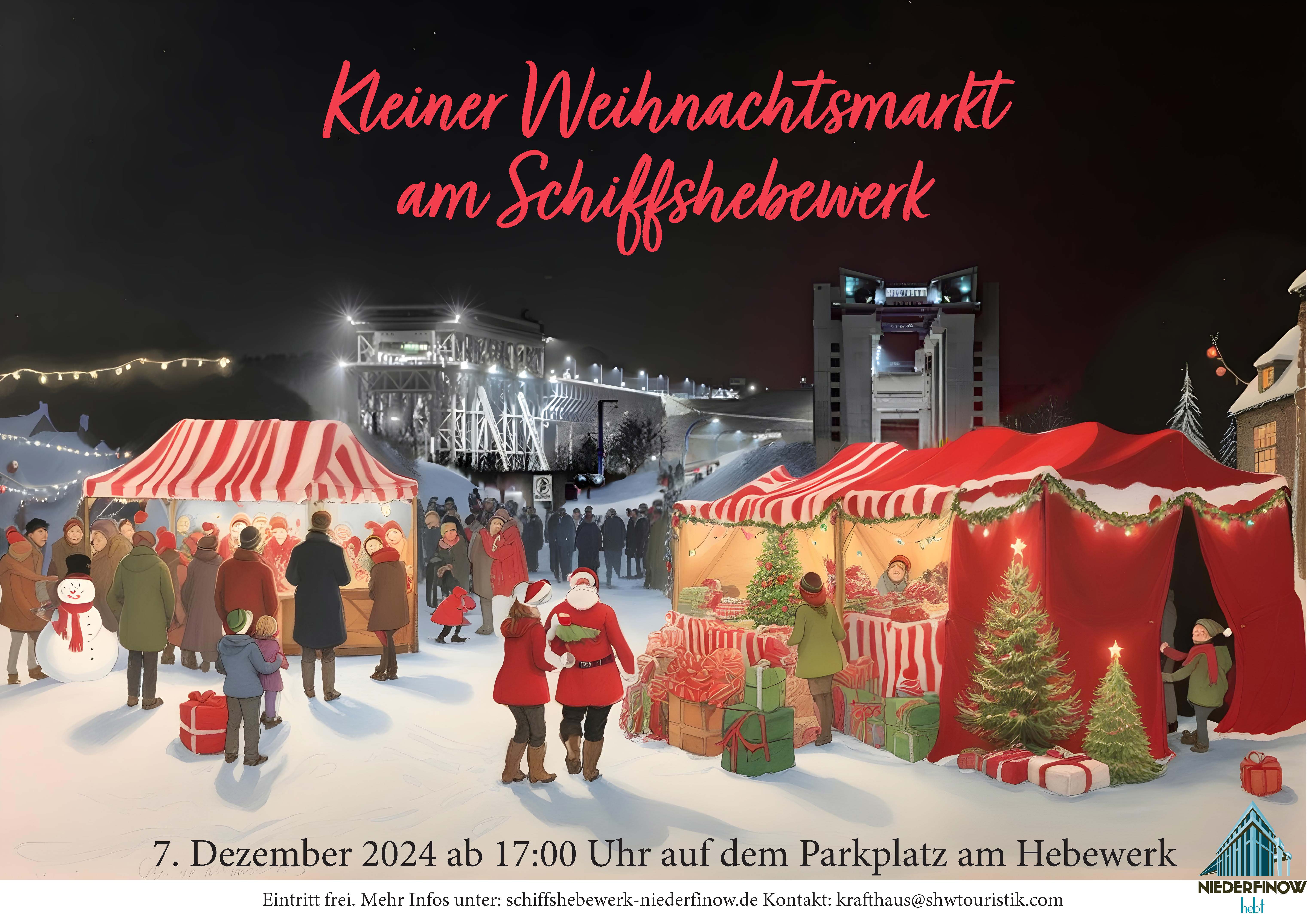 KI-generiertes Bil eines stilisierten Weihnachtsmarktes am Fuße der Hebewerke Niederfinow