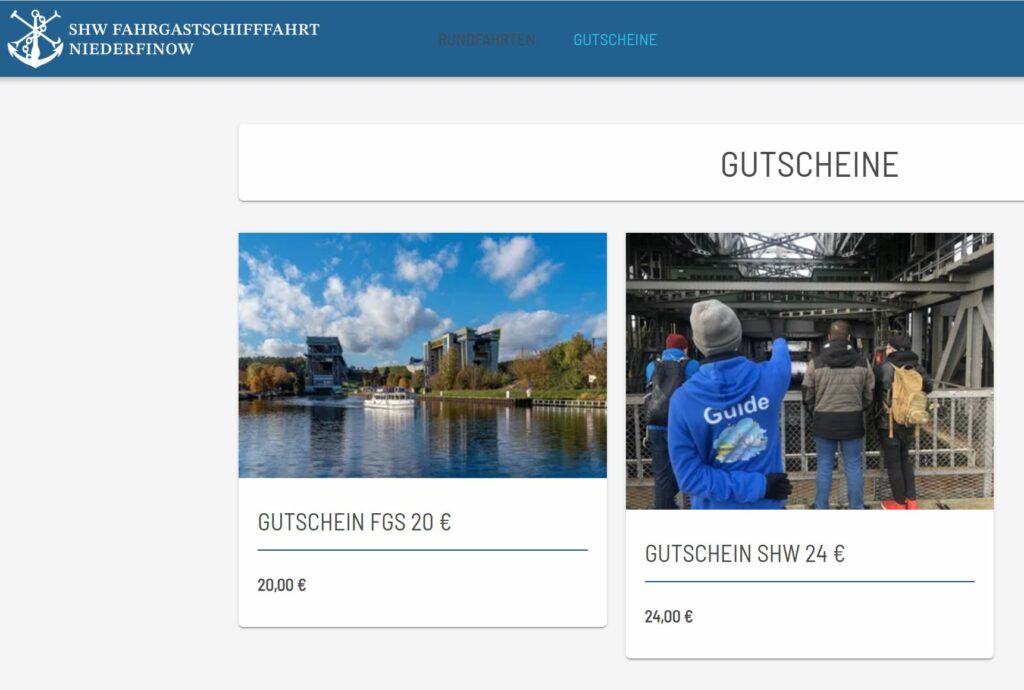 Screenshot eines Ausschnitts des Online-Shops auf dem die Gutscheine erworben werden können