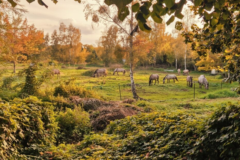 LIebenthaler Wildpferde stehen auf einer herbstlich gefärbten Weide